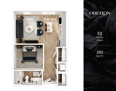 Floor plan for 1 bed, 1 bath, 581 sqft